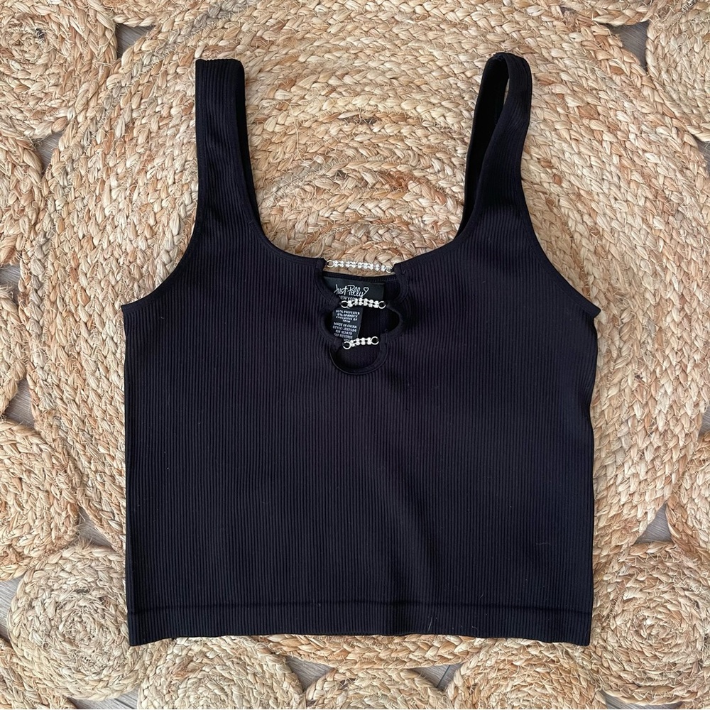 Women's Just Polly Ribbed Rhinestone Crop Tank Top Size L